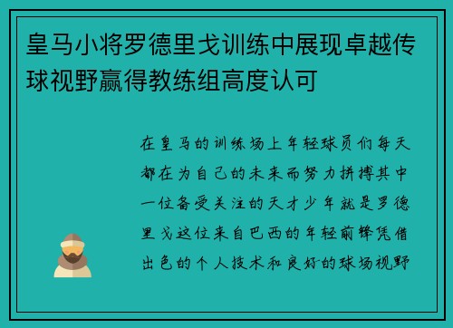 皇马小将罗德里戈训练中展现卓越传球视野赢得教练组高度认可